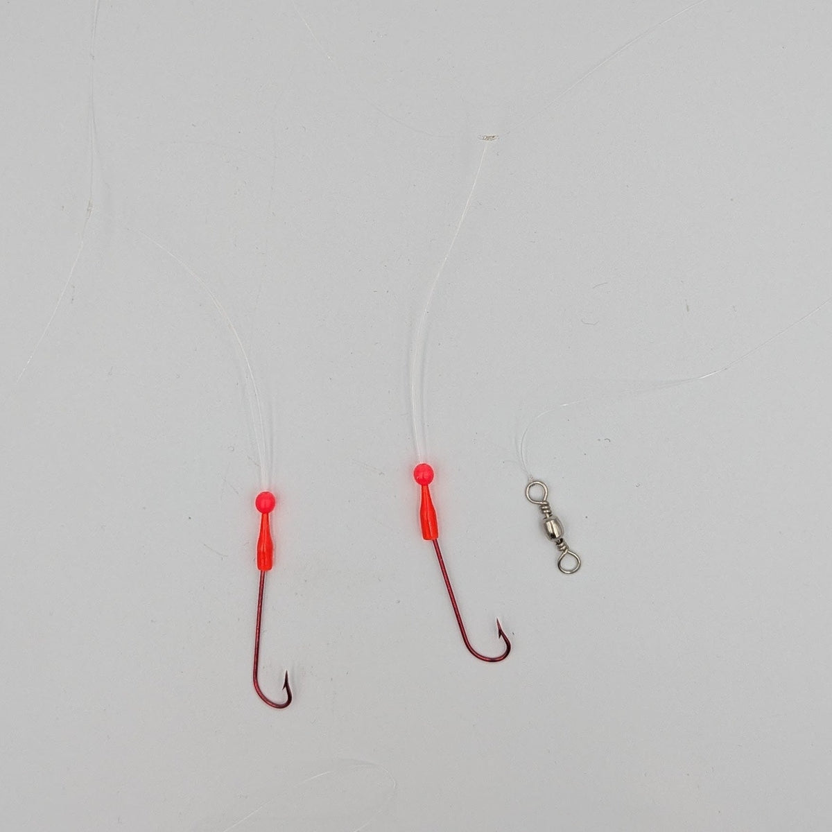 ReproBaits two-hook whiting rig diagram showing dropper loops, red hooks, top swivel and bottom sinker loop.