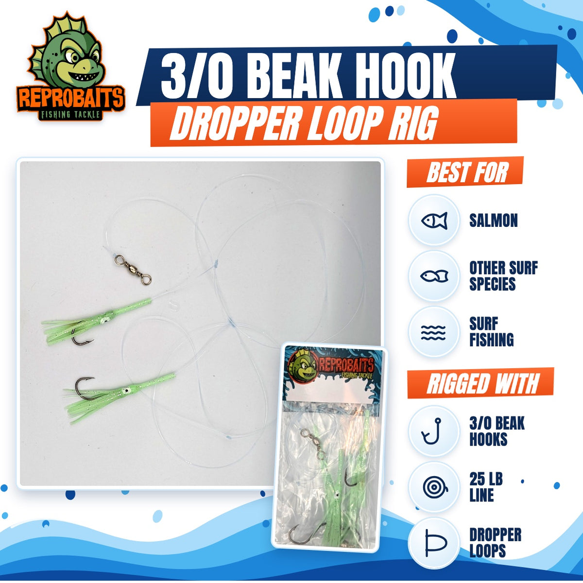 Salmon and Surf 3/0 Dropper Loop Rigs With Silicone Squid Lumo 3 Pack