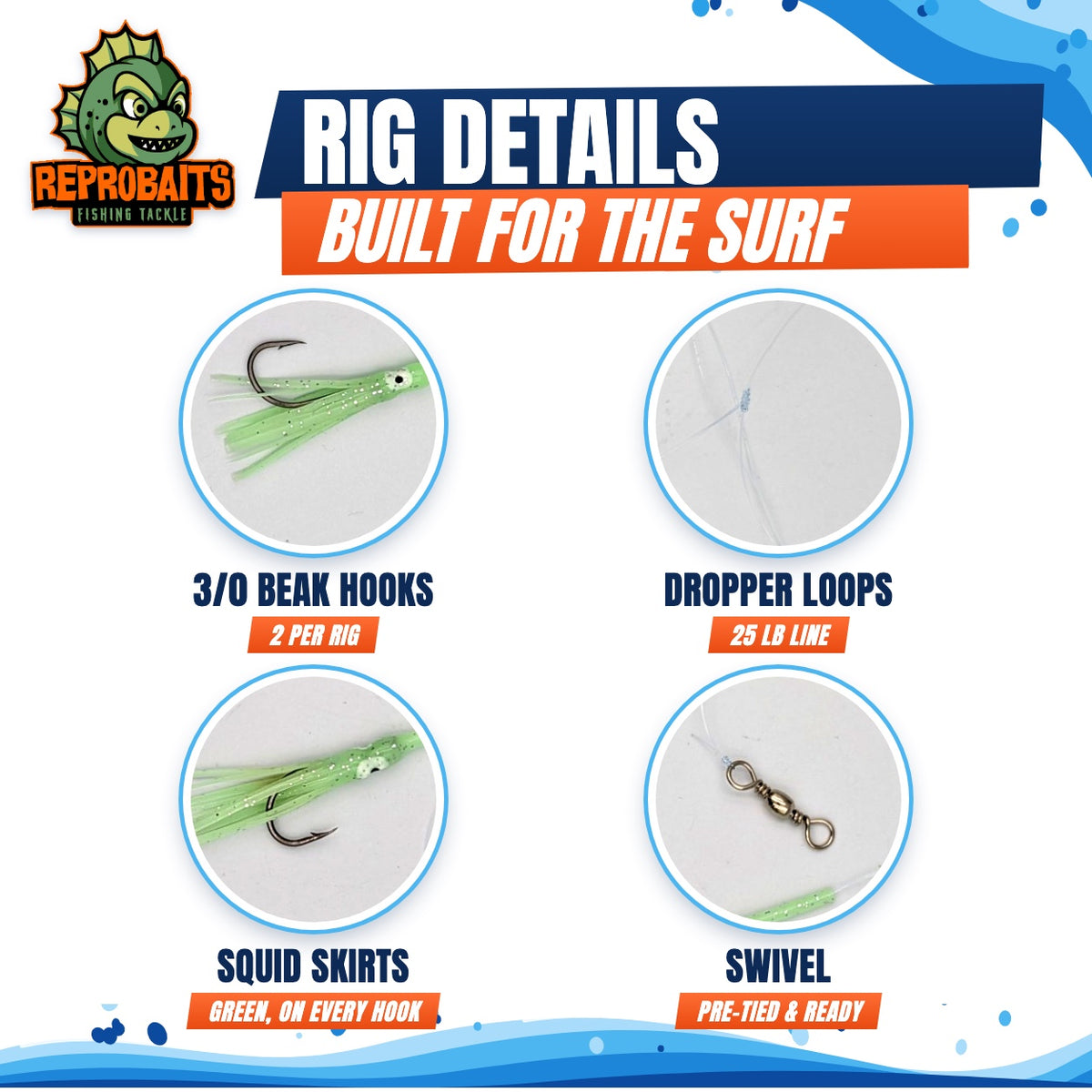 Salmon and Surf 3/0 Dropper Loop Rigs With Silicone Squid Lumo 3 Pack