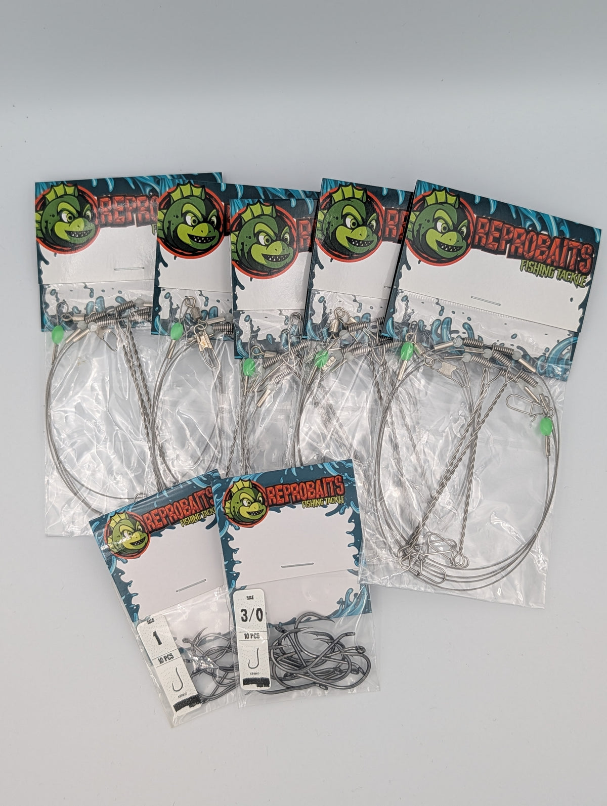 ReproBaits Tackle 5-pack 3-hook wire paternoster rigs with 20 hooks size #1 and #3/0