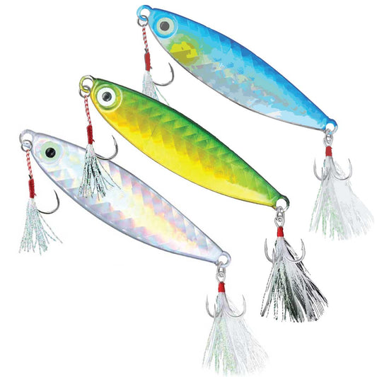 ReproBaits Tackle 20g holographic flat slice jig with stinger hook for rock and surf fishing