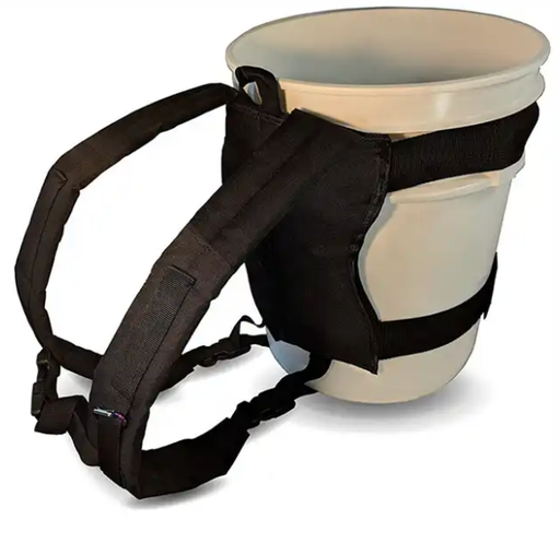 A sturdy backpack bucket carrier designed with padded straps for comfort and large space for bucket or water cooler storage, set against a background of nature, symbolizing its use in outdoor activities like rock fishing and hiking.