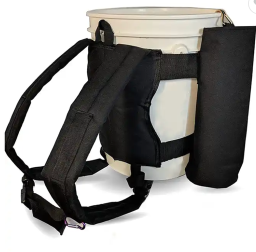 A sturdy backpack bucket carrier designed with padded straps for comfort and large space for bucket or water cooler storage, set against a background of nature, symbolizing its use in outdoor activities like rock fishing and hiking.