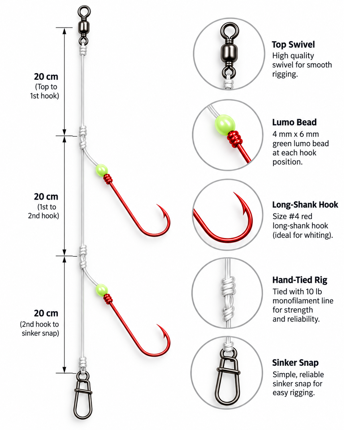 2 Hook Hand-Tied Whiting Paternoster Rigs – 3 Pack
