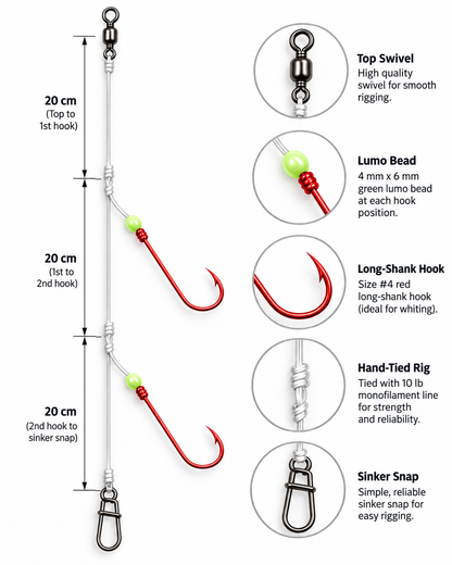 2 Hook Hand-Tied Whiting Paternoster Rigs – 3 Pack