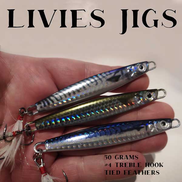 Livies Jigs 50 Gram Micro Jigs Yakka Slimey and Pilchard 3D Holographic Rock Fishing Surf Fishing Bottom Bashing Casting