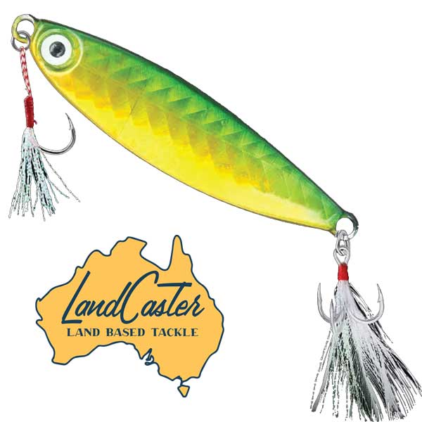 LandCaster Jigs Herring Green Holo Flat Slice Jigs 20 gram With Stinger Hook Microjigs Holographic Rock Fishing Surf Fishing Casting